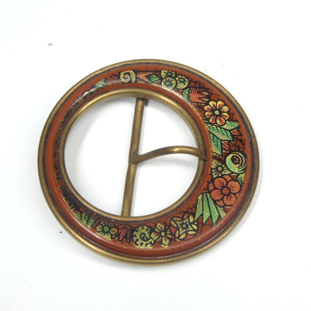 Art Deco Buckle Round Enamel Floral Vintage